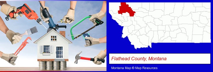 home improvement concepts and tools; Flathead County, Montana highlighted in red on a map