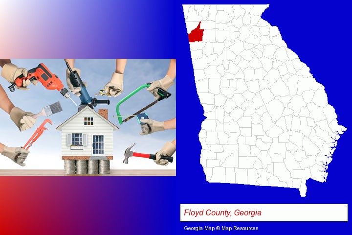 home improvement concepts and tools; Floyd County, Georgia highlighted in red on a map