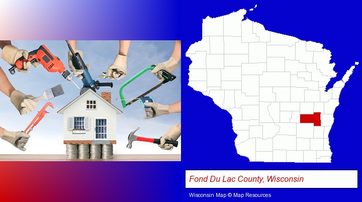 home improvement concepts and tools; Fond Du Lac County, Wisconsin highlighted in red on a map