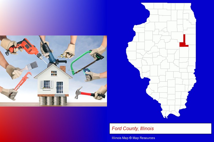 home improvement concepts and tools; Ford County, Illinois highlighted in red on a map