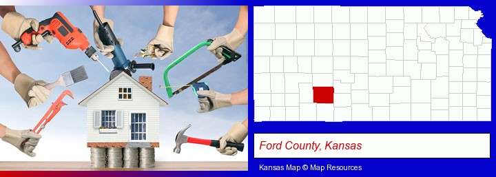 home improvement concepts and tools; Ford County, Kansas highlighted in red on a map