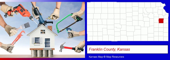 home improvement concepts and tools; Franklin County, Kansas highlighted in red on a map