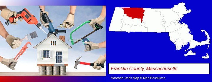 home improvement concepts and tools; Franklin County, Massachusetts highlighted in red on a map