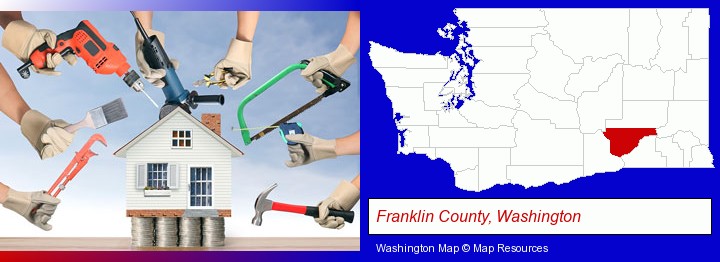 home improvement concepts and tools; Franklin County, Washington highlighted in red on a map