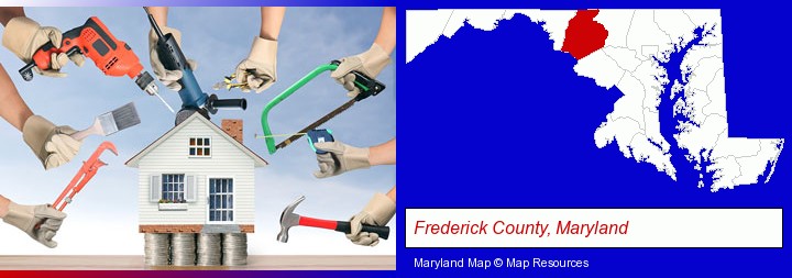 home improvement concepts and tools; Frederick County, Maryland highlighted in red on a map