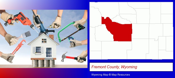 home improvement concepts and tools; Fremont County, Wyoming highlighted in red on a map