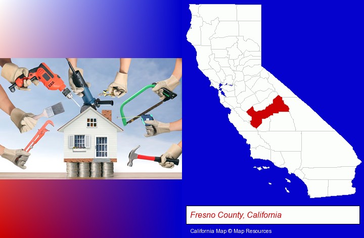home improvement concepts and tools; Fresno County, California highlighted in red on a map