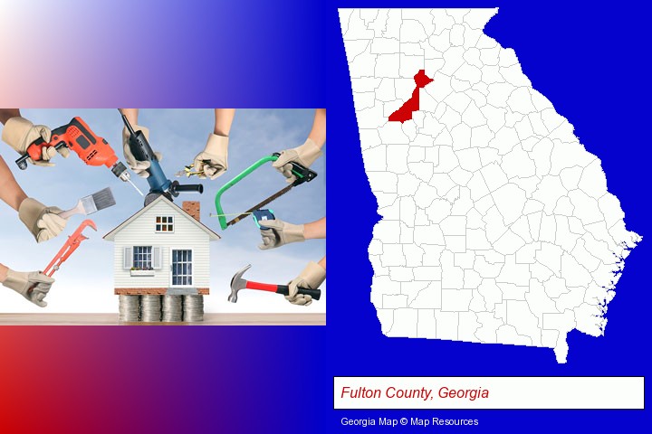 home improvement concepts and tools; Fulton County, Georgia highlighted in red on a map