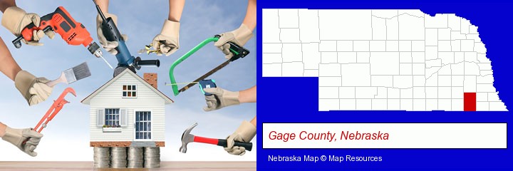 home improvement concepts and tools; Gage County, Nebraska highlighted in red on a map