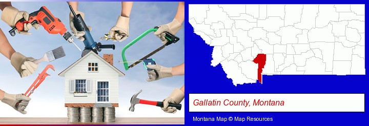 home improvement concepts and tools; Gallatin County, Montana highlighted in red on a map
