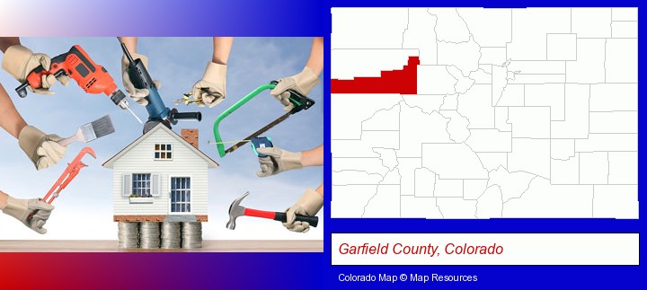 home improvement concepts and tools; Garfield County, Colorado highlighted in red on a map