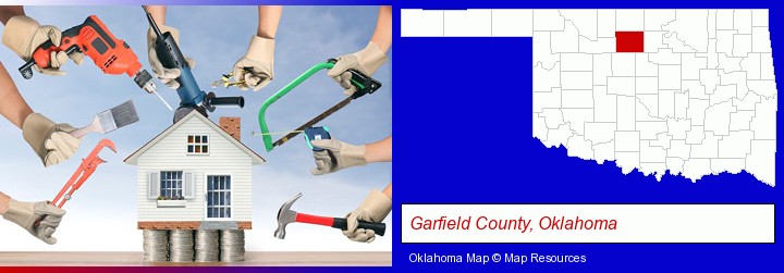 home improvement concepts and tools; Garfield County, Oklahoma highlighted in red on a map