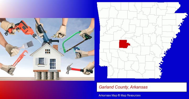 home improvement concepts and tools; Garland County, Arkansas highlighted in red on a map