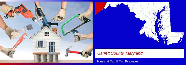 home improvement concepts and tools; Garrett County, Maryland highlighted in red on a map