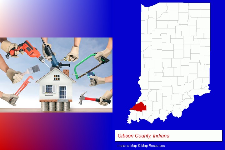 home improvement concepts and tools; Gibson County, Indiana highlighted in red on a map