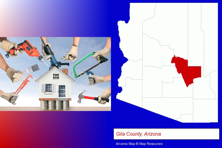 home improvement concepts and tools; Gila County, Arizona highlighted in red on a map