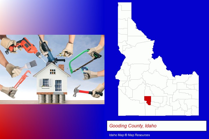 home improvement concepts and tools; Gooding County, Idaho highlighted in red on a map