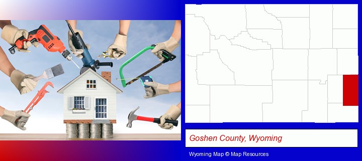home improvement concepts and tools; Goshen County, Wyoming highlighted in red on a map