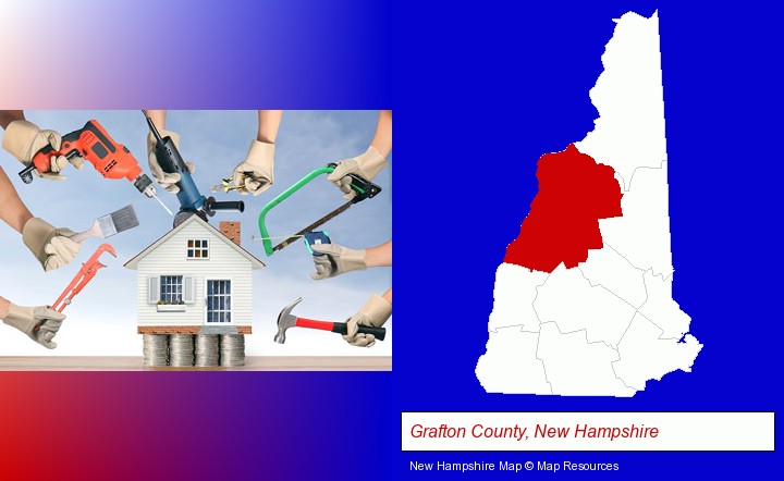 home improvement concepts and tools; Grafton County, New Hampshire highlighted in red on a map