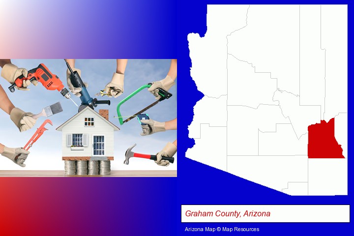 home improvement concepts and tools; Graham County, Arizona highlighted in red on a map