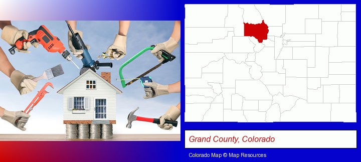 home improvement concepts and tools; Grand County, Colorado highlighted in red on a map