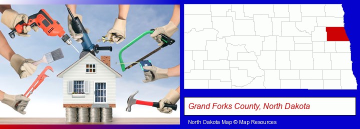 home improvement concepts and tools; Grand Forks County, North Dakota highlighted in red on a map