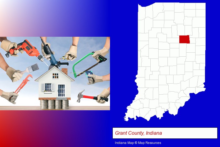 home improvement concepts and tools; Grant County, Indiana highlighted in red on a map