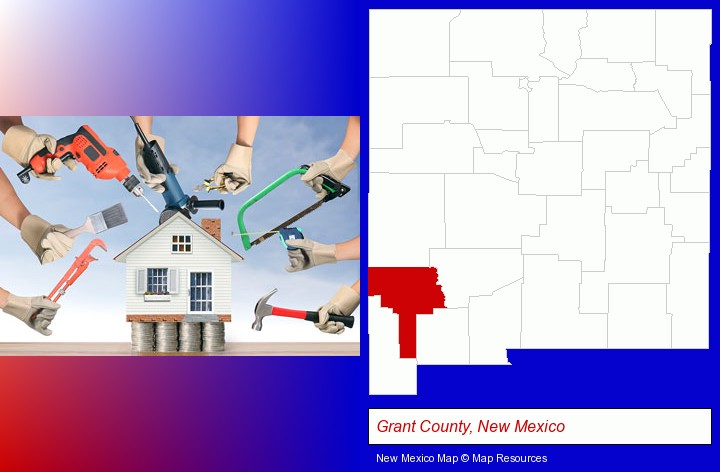 home improvement concepts and tools; Grant County, New Mexico highlighted in red on a map
