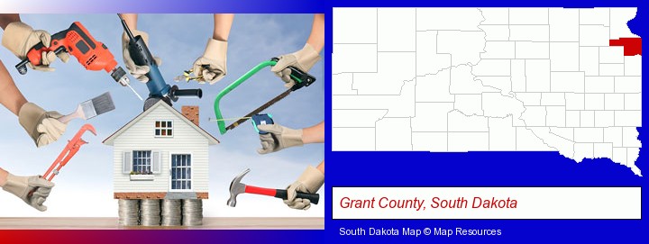 home improvement concepts and tools; Grant County, South Dakota highlighted in red on a map