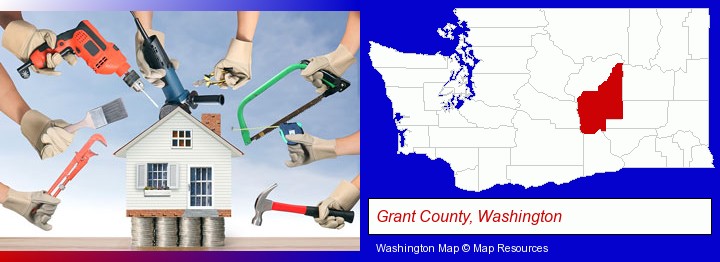 home improvement concepts and tools; Grant County, Washington highlighted in red on a map