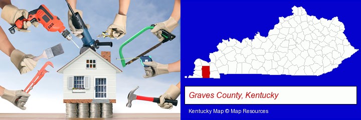home improvement concepts and tools; Graves County, Kentucky highlighted in red on a map