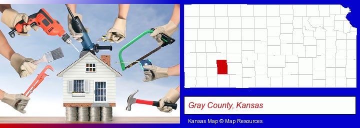 home improvement concepts and tools; Gray County, Kansas highlighted in red on a map
