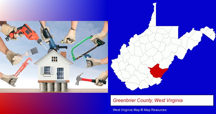 home improvement concepts and tools; Greenbrier County, West Virginia highlighted in red on a map