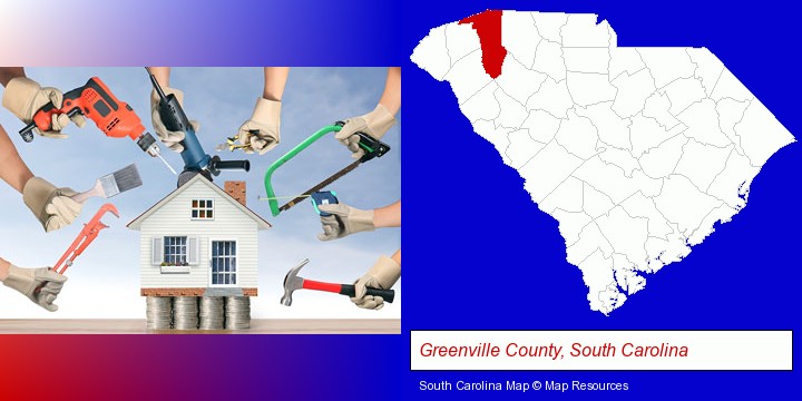 home improvement concepts and tools; Greenville County, South Carolina highlighted in red on a map