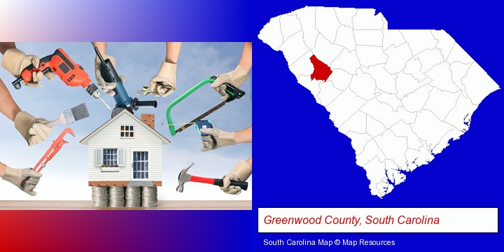 home improvement concepts and tools; Greenwood County, South Carolina highlighted in red on a map