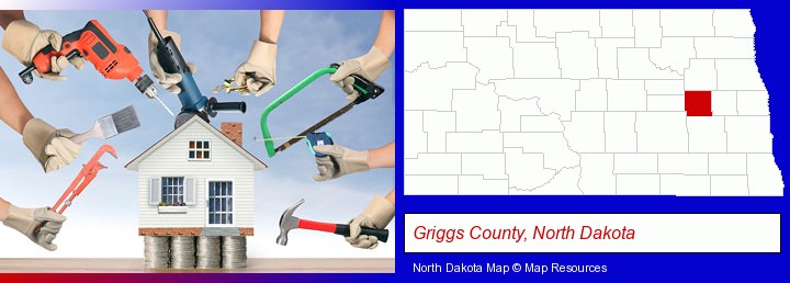 home improvement concepts and tools; Griggs County, North Dakota highlighted in red on a map