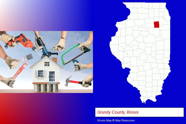 home improvement concepts and tools; Grundy County, Illinois highlighted in red on a map