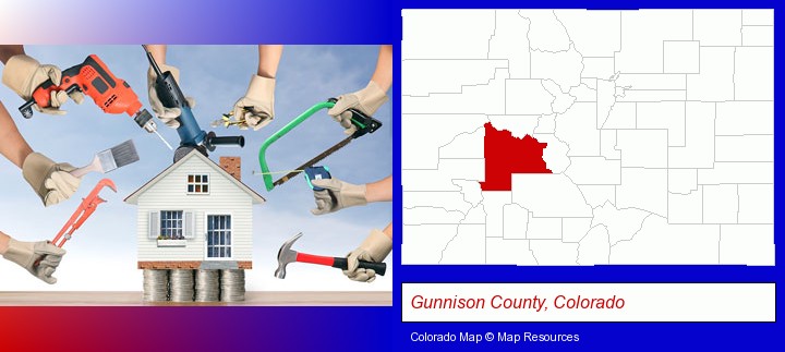 home improvement concepts and tools; Gunnison County, Colorado highlighted in red on a map
