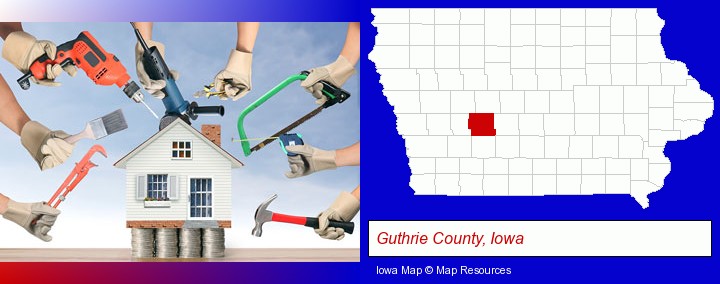 home improvement concepts and tools; Guthrie County, Iowa highlighted in red on a map
