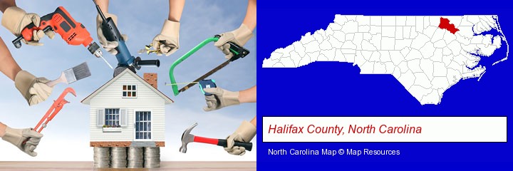 home improvement concepts and tools; Halifax County, North Carolina highlighted in red on a map