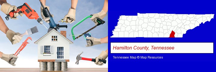 home improvement concepts and tools; Hamilton County, Tennessee highlighted in red on a map