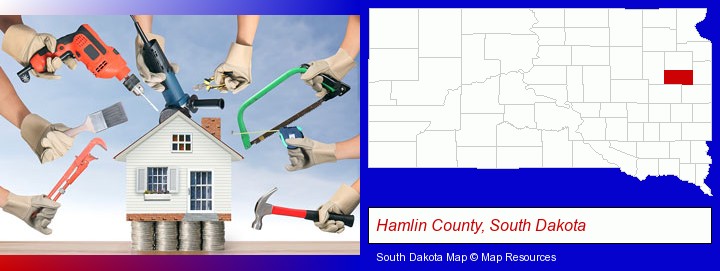 home improvement concepts and tools; Hamlin County, South Dakota highlighted in red on a map
