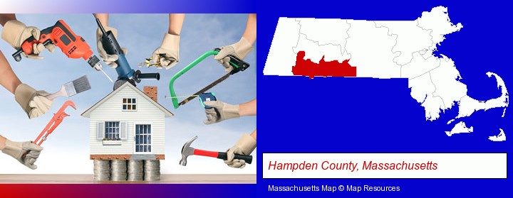 home improvement concepts and tools; Hampden County, Massachusetts highlighted in red on a map