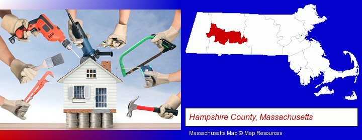 home improvement concepts and tools; Hampshire County, Massachusetts highlighted in red on a map