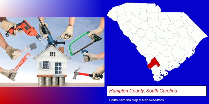 home improvement concepts and tools; Hampton County, South Carolina highlighted in red on a map