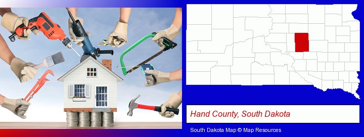 home improvement concepts and tools; Hand County, South Dakota highlighted in red on a map