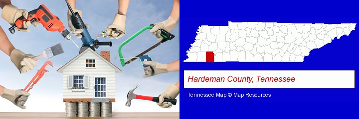 home improvement concepts and tools; Hardeman County, Tennessee highlighted in red on a map
