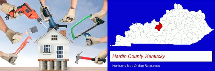home improvement concepts and tools; Hardin County, Kentucky highlighted in red on a map
