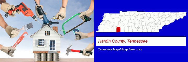 home improvement concepts and tools; Hardin County, Tennessee highlighted in red on a map