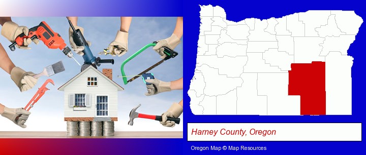home improvement concepts and tools; Harney County, Oregon highlighted in red on a map